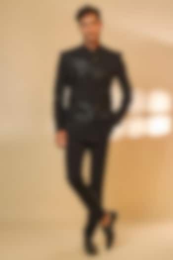 Black Japanese Rayon Cutdana Embroidered Wedding Bandhgala Set by Abees at Pernia's Pop Up Shop