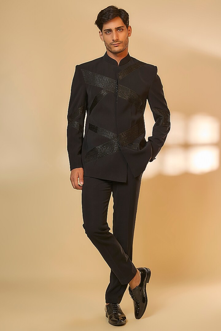 Black Japanese Rayon Cutdana Embroidered Wedding Bandhgala Set by Abees at Pernia's Pop Up Shop