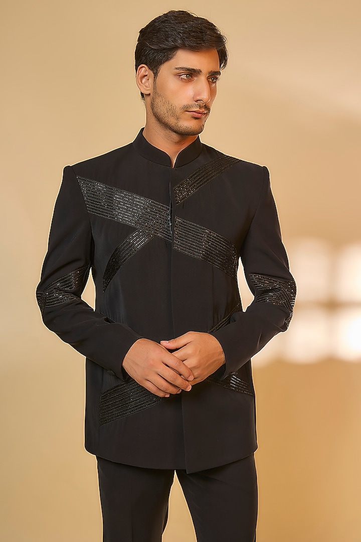 Black Japanese Rayon Cutdana Embroidered Wedding Bandhgala Set by Abees at Pernia's Pop Up Shop