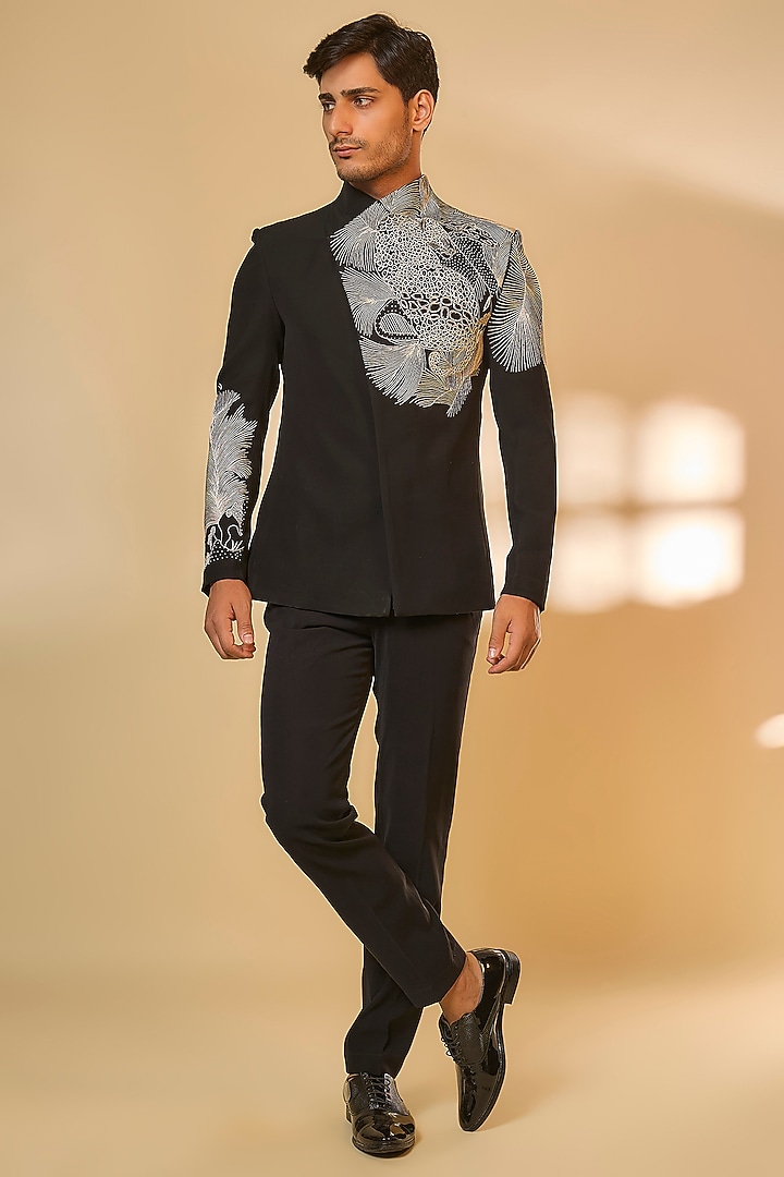 Black Japanese Rayon Cutdana Embroidered Wedding Bandhgala Set by Abees at Pernia's Pop Up Shop