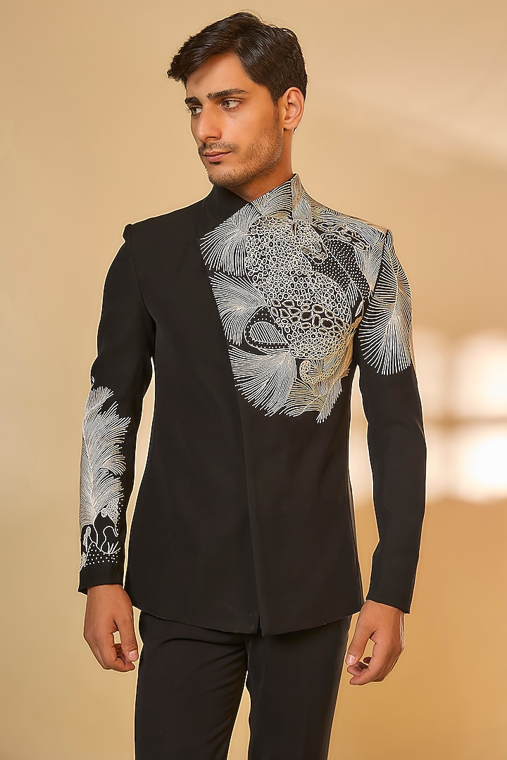 Black Japanese Rayon Cutdana Embroidered Wedding Bandhgala Set by Abees at Pernia's Pop Up Shop