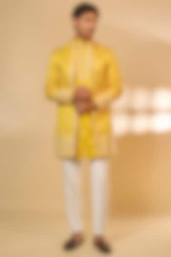 Yellow Cotton Silk Machine Embroidered Sherwani Set by Abees