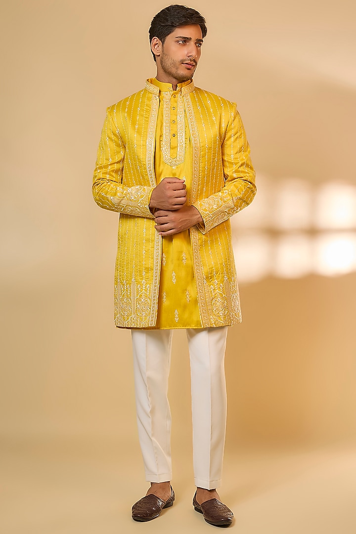 Yellow Cotton Silk Machine Embroidered Sherwani Set by Abees