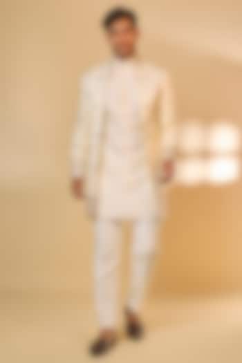 Ivory Cotton Silk Machine Embroidered Sherwani Set by Abees
