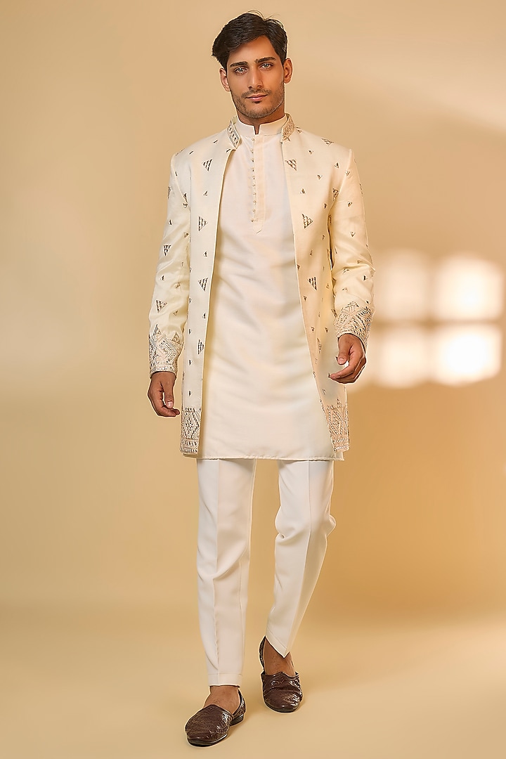 Ivory Cotton Silk Machine Embroidered Sherwani Set by Abees