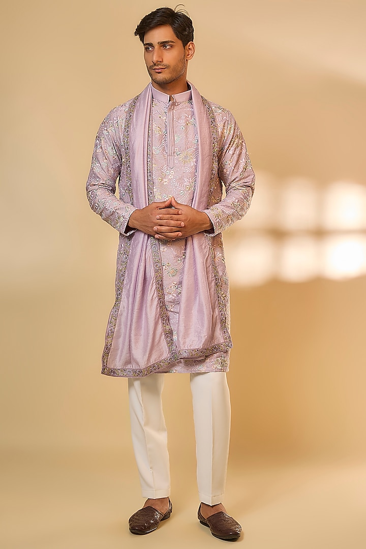 Lavender Malai Silk Machine Embroidered Kurta Set by Abees at Pernia's Pop Up Shop