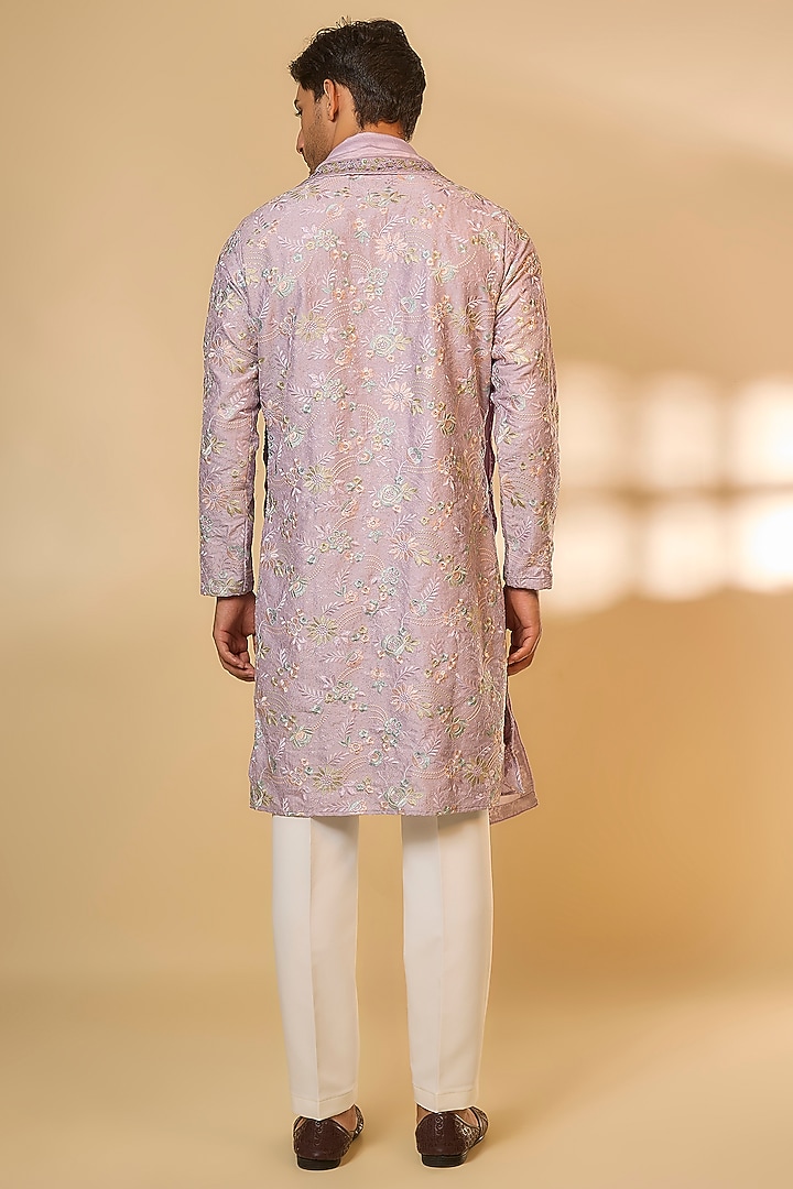 Lavender Malai Silk Machine Embroidered Kurta Set by Abees at Pernia's Pop Up Shop
