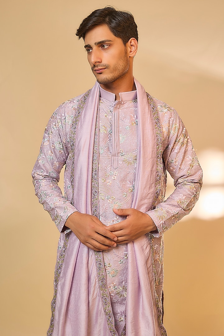Lavender Malai Silk Machine Embroidered Kurta Set by Abees at Pernia's Pop Up Shop