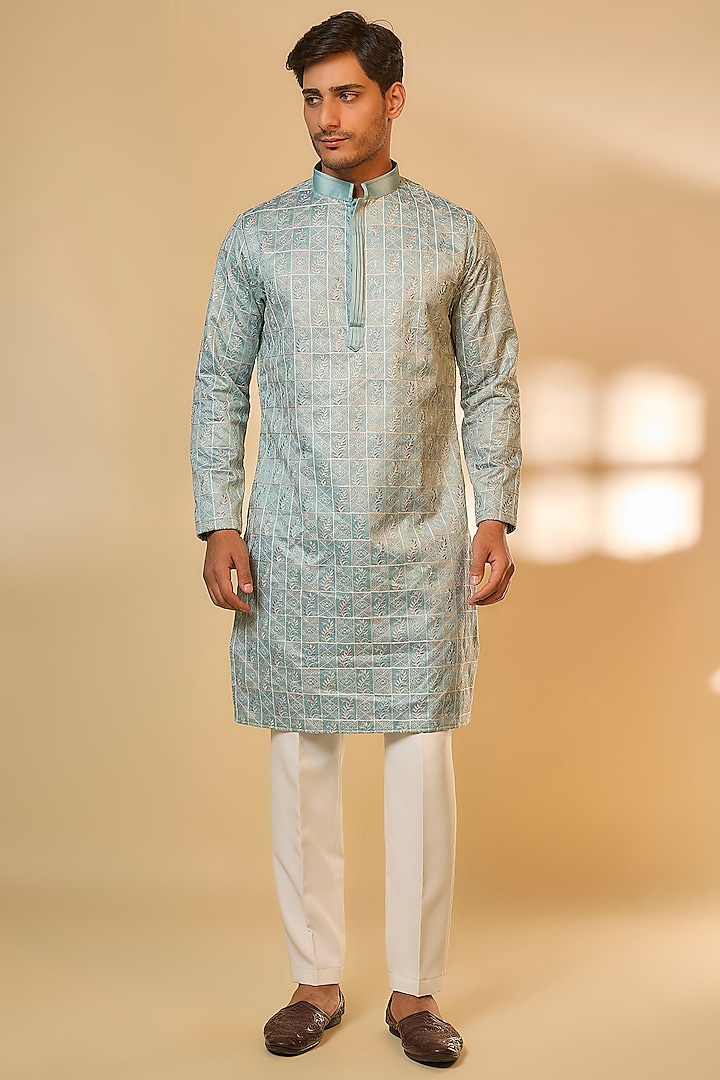 Sea Green Malai Cotton Machine Embroidered Kurta Set by Abees at Pernia's Pop Up Shop