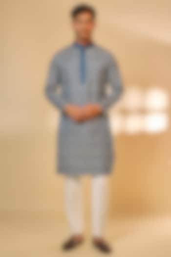 Teal Blue Malai Cotton Silk Machine Embroidered Kurta Set by Abees at Pernia's Pop Up Shop