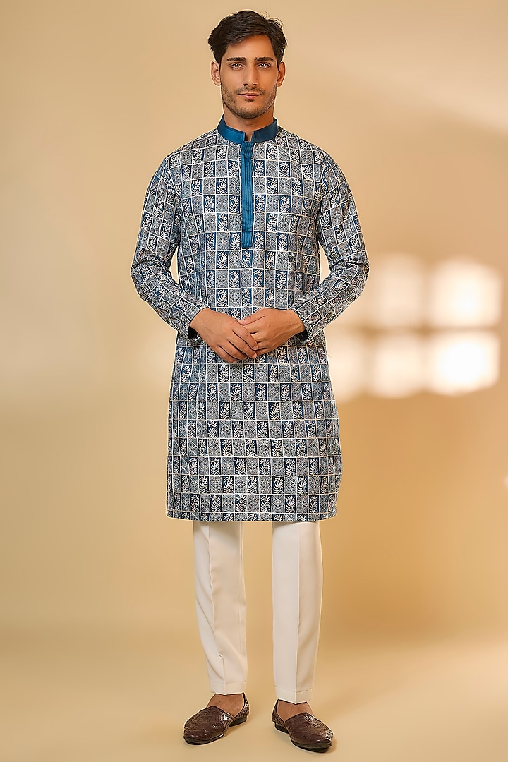 Teal Blue Malai Cotton Silk Machine Embroidered Kurta Set by Abees at Pernia's Pop Up Shop