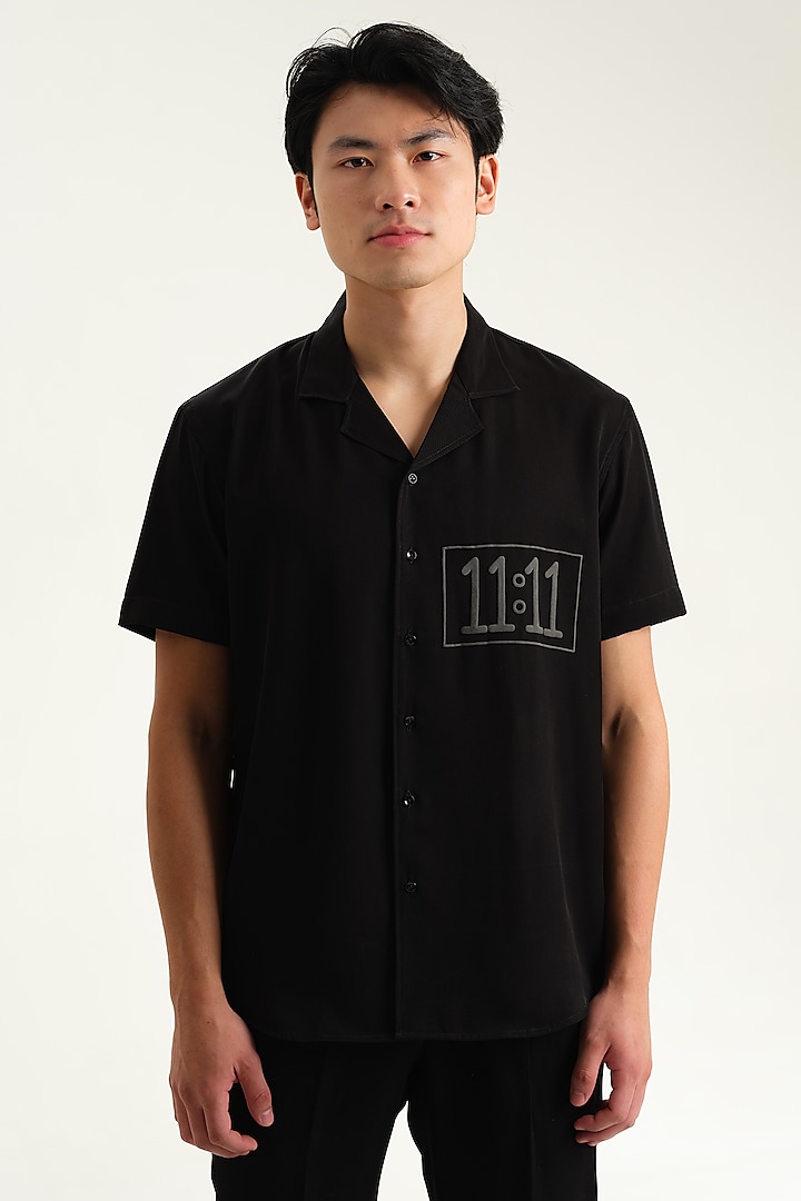 Black Japanese Rayon Embossed Printed Shirt by Abees