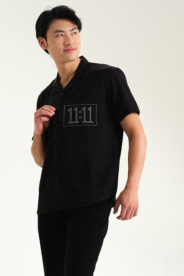 Black Japanese Rayon Embossed Printed Party Wear Shirt by Abees at Pernia's Pop Up Shop