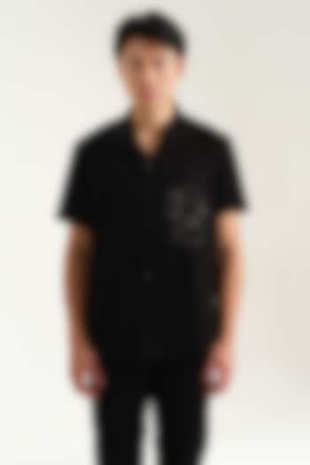 Black Japanese Rayon Abstract Embossed Printed Shirt by Abees