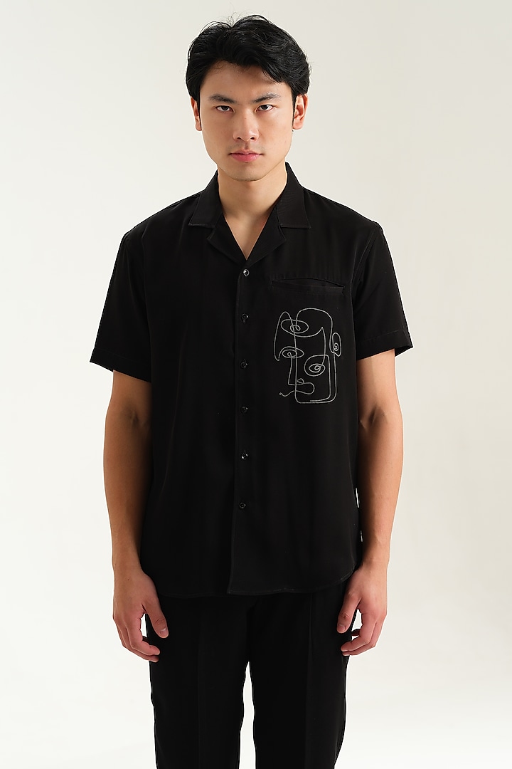 Black Japanese Rayon Abstract Embossed Printed Shirt by Abees