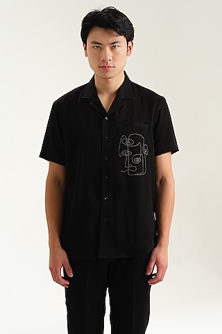 Black Japanese Rayon Abstract Embossed Printed Shirt by Abees