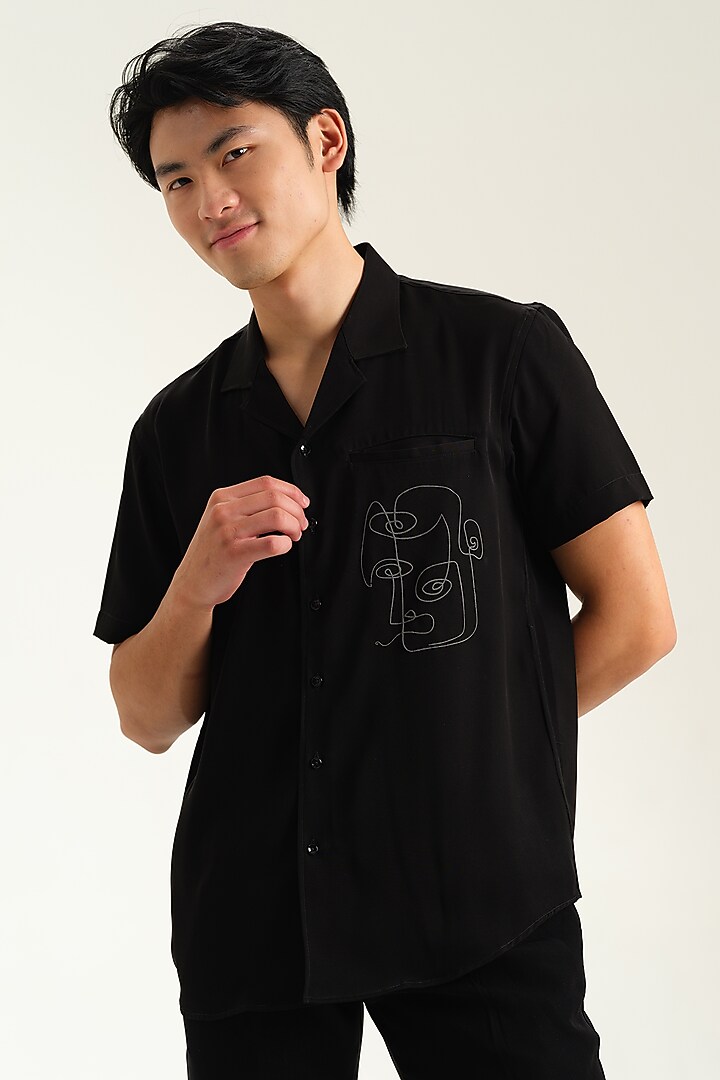 Black Japanese Rayon Abstract Embossed Printed Party Wear Shirt by Abees at Pernia's Pop Up Shop
