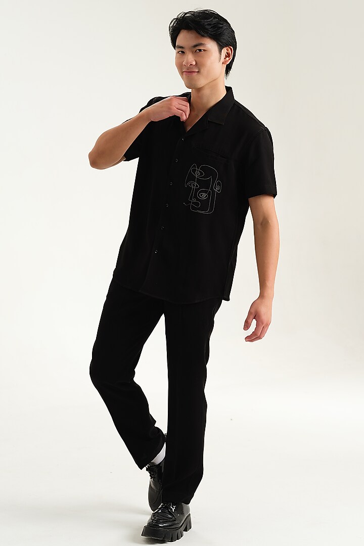 Black Japanese Rayon Abstract Embossed Printed Party Wear Shirt by Abees at Pernia's Pop Up Shop