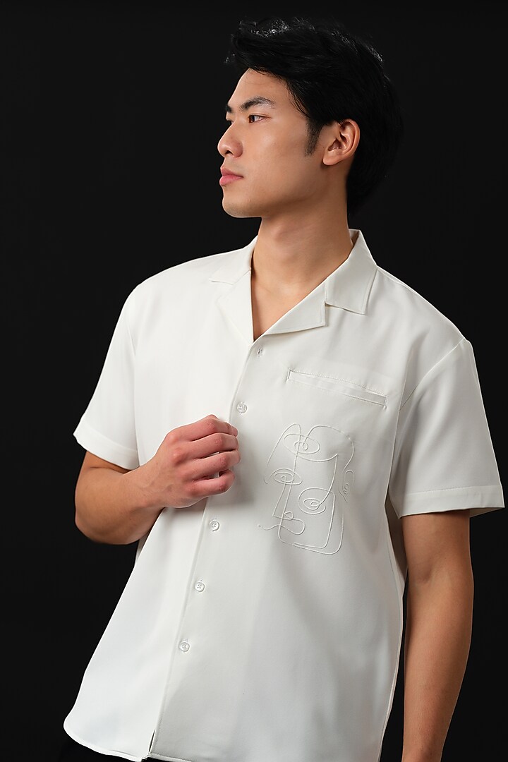 White Japanese Rayon Abstract Embossed Printed Party Wear Shirt by Abees at Pernia's Pop Up Shop
