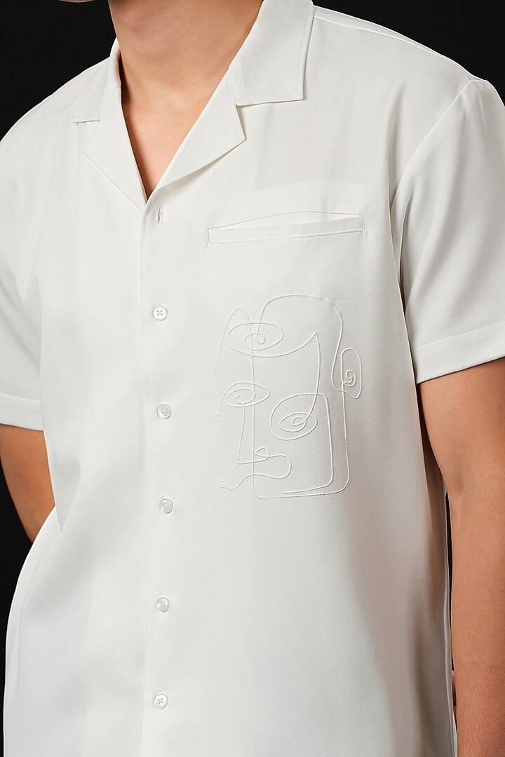 White Japanese Rayon Abstract Embossed Printed Party Wear Shirt by Abees at Pernia's Pop Up Shop