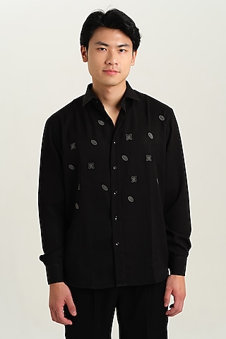 Black Japanese Rayon Embossed Printed Shirt by Abees