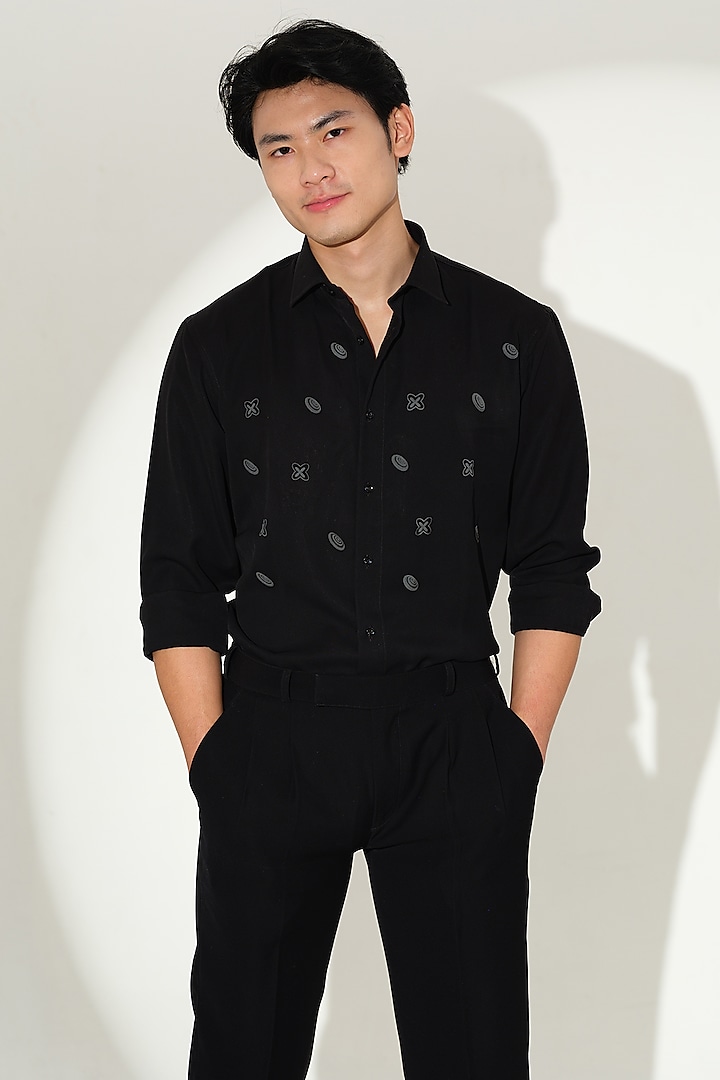 Black Japanese Rayon Embossed Printed Party Wear Shirt by Abees at Pernia's Pop Up Shop