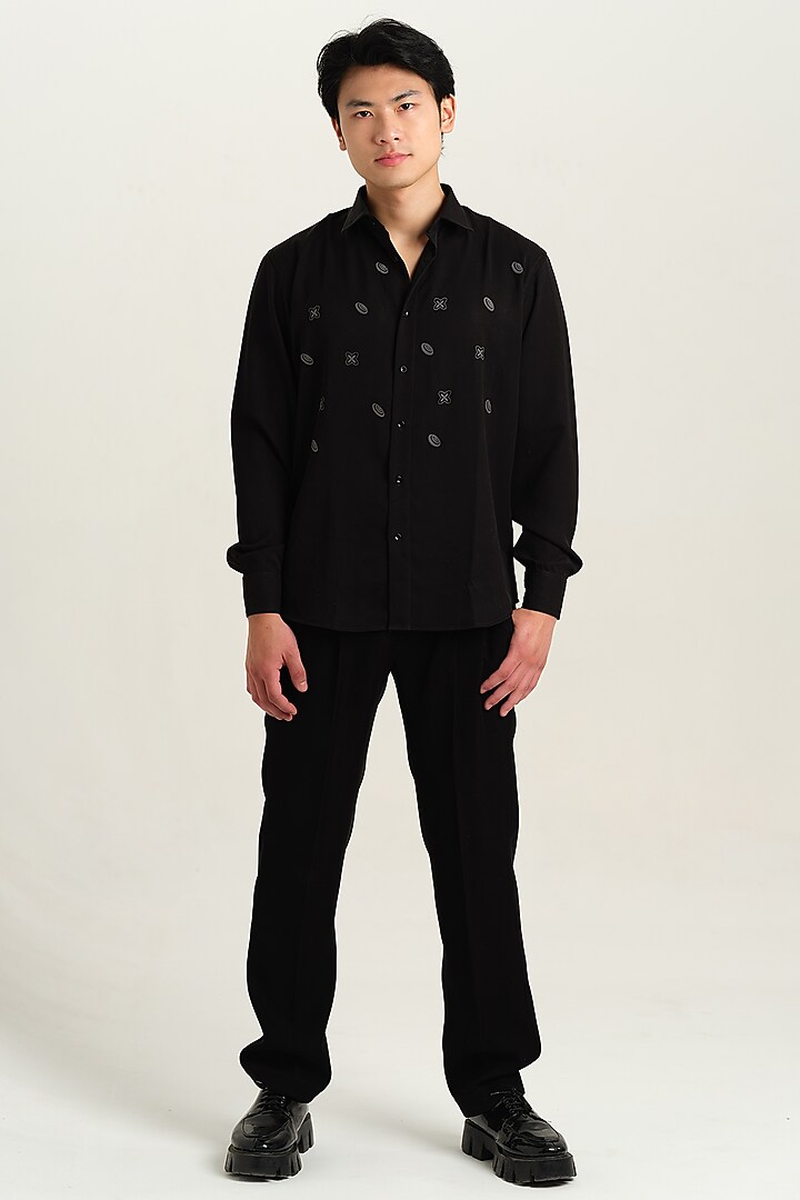 Black Japanese Rayon Embossed Printed Party Wear Shirt by Abees at Pernia's Pop Up Shop