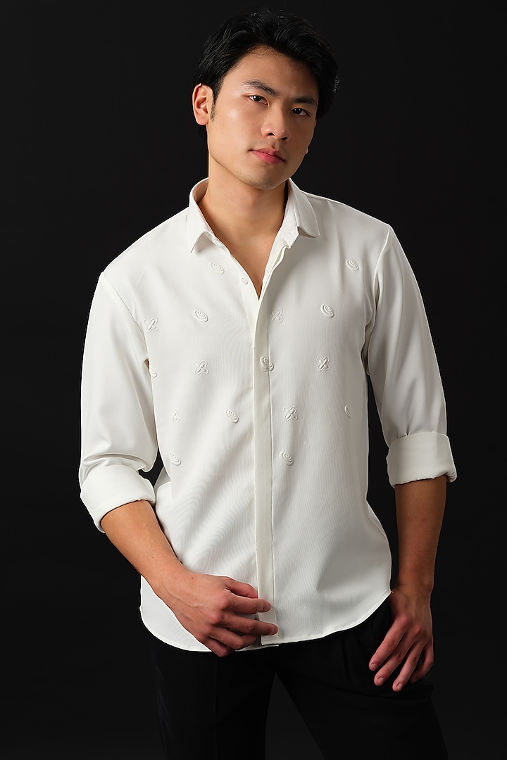 White Japanese Rayon Embossed Printed Shirt by Abees