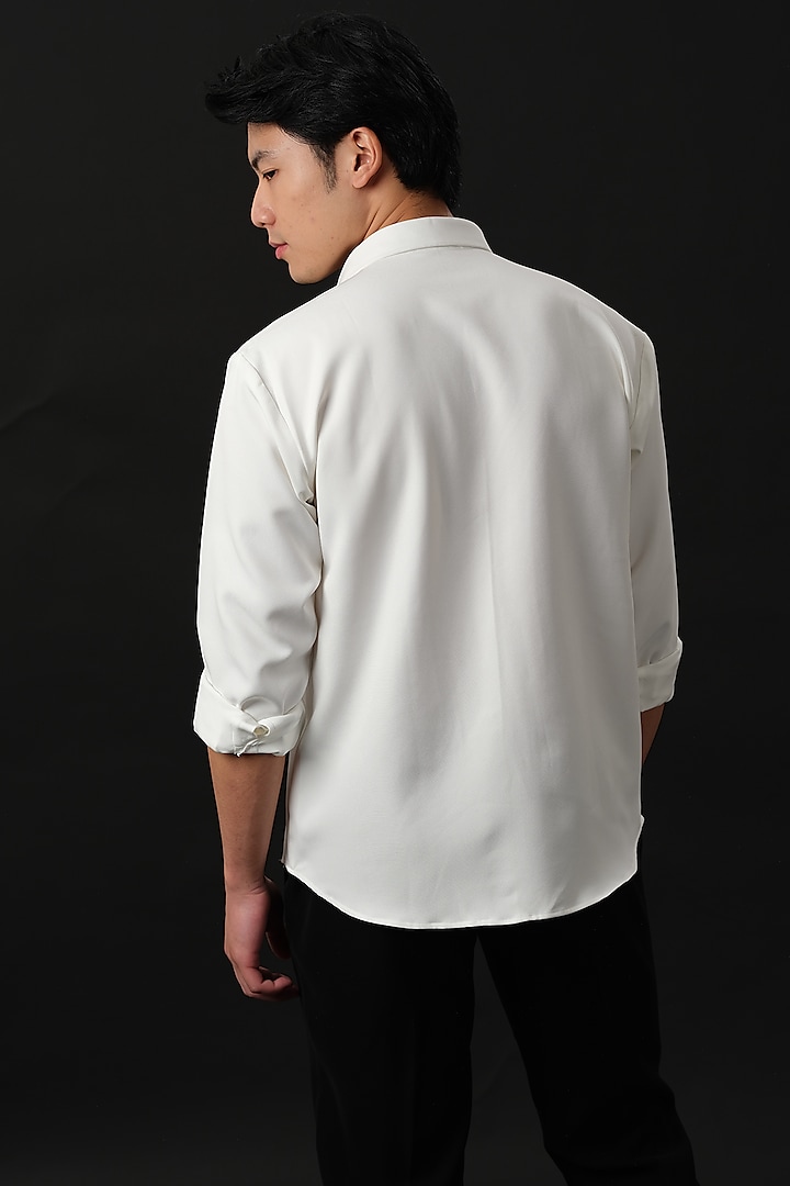 White Japanese Rayon Embossed Printed Party Wear Shirt by Abees at Pernia's Pop Up Shop