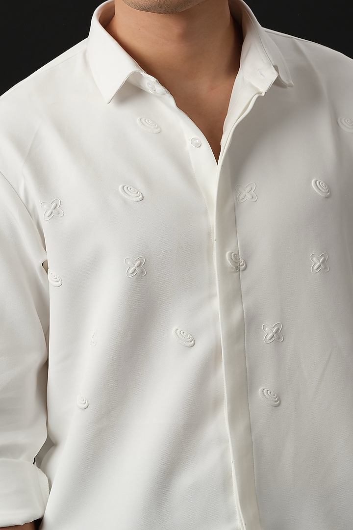 White Japanese Rayon Embossed Printed Party Wear Shirt by Abees at Pernia's Pop Up Shop