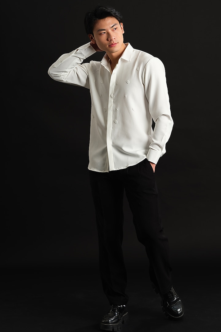 White Japanese Rayon Embossed Printed Party Wear Shirt by Abees at Pernia's Pop Up Shop