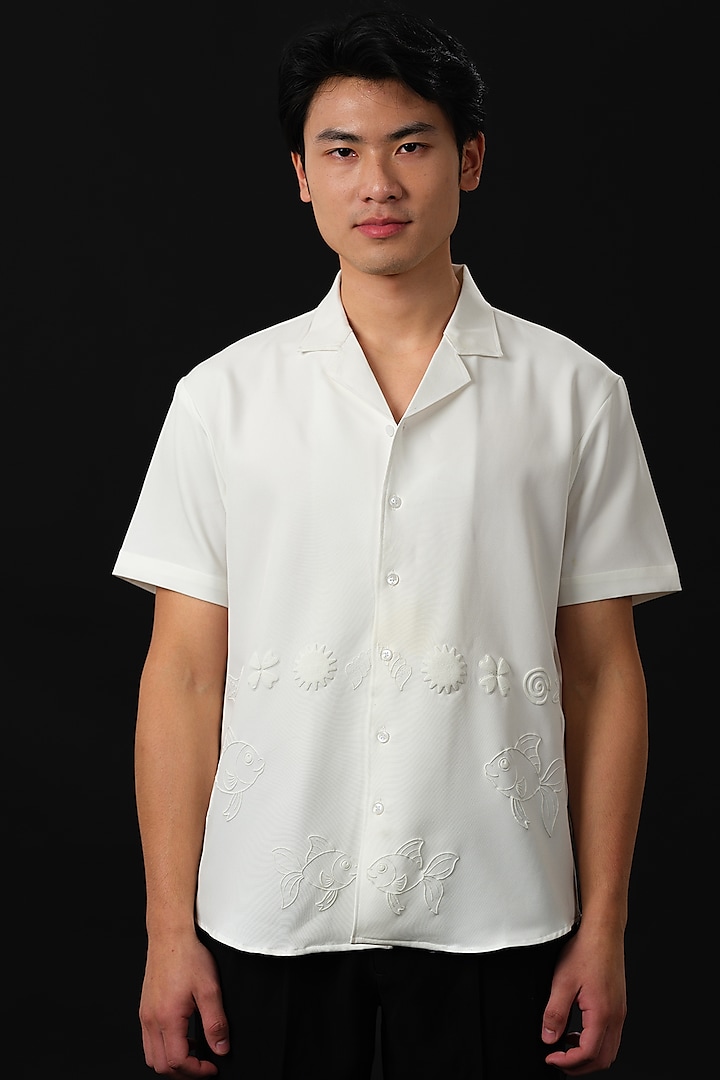 White Japanese Rayon Embossed Printed Shirt by Abees