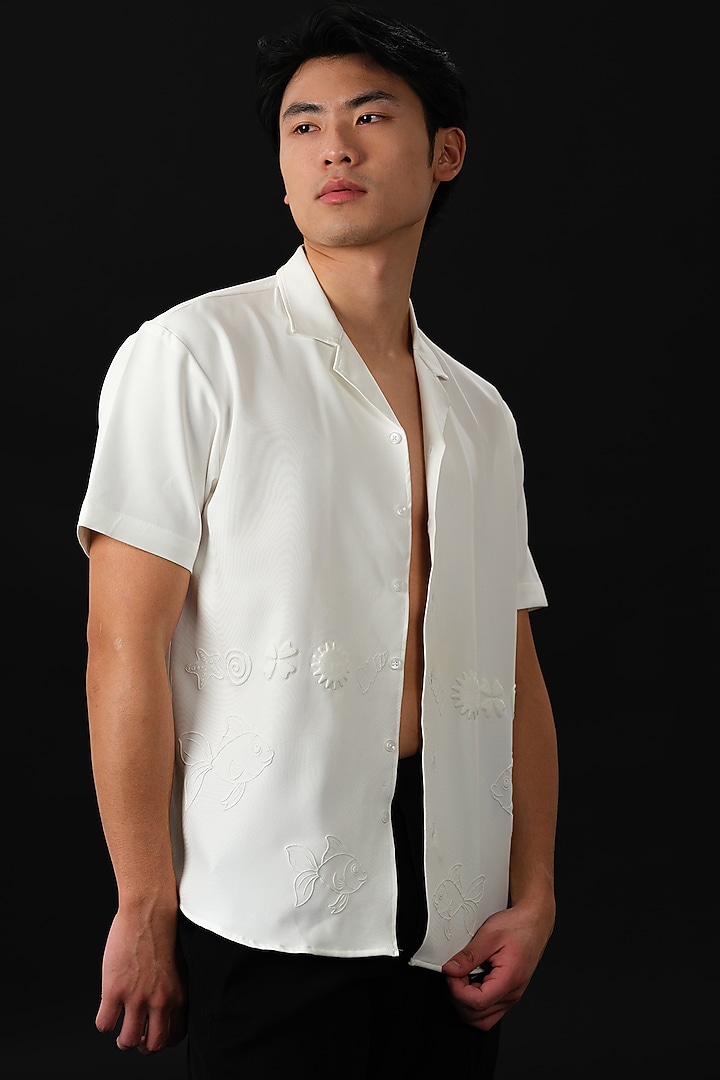 White Japanese Rayon Embossed Printed Party Wear Shirt by Abees at Pernia's Pop Up Shop