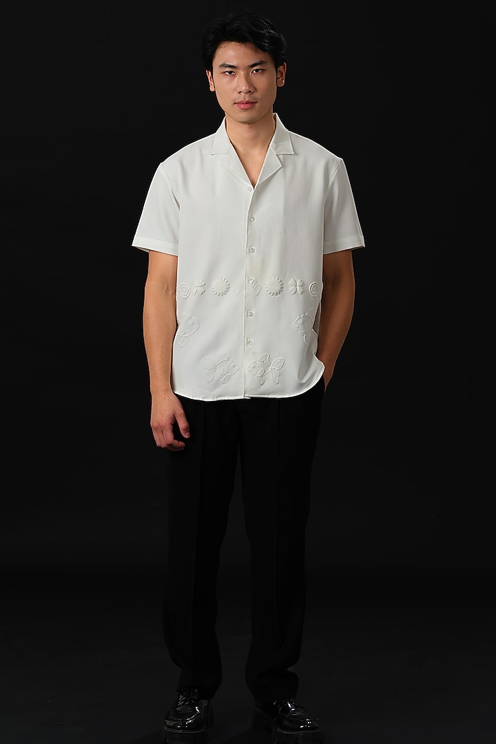 White Japanese Rayon Embossed Printed Party Wear Shirt by Abees at Pernia's Pop Up Shop