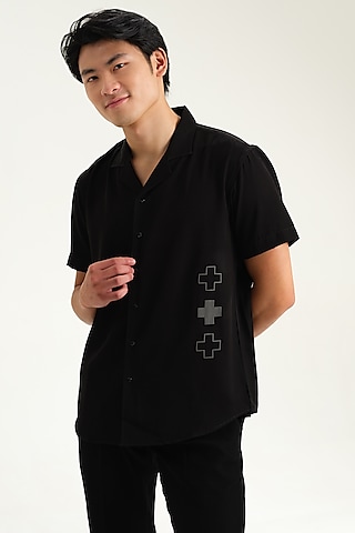 Black Japanese Rayon Embossed Printed Shirt by Abees