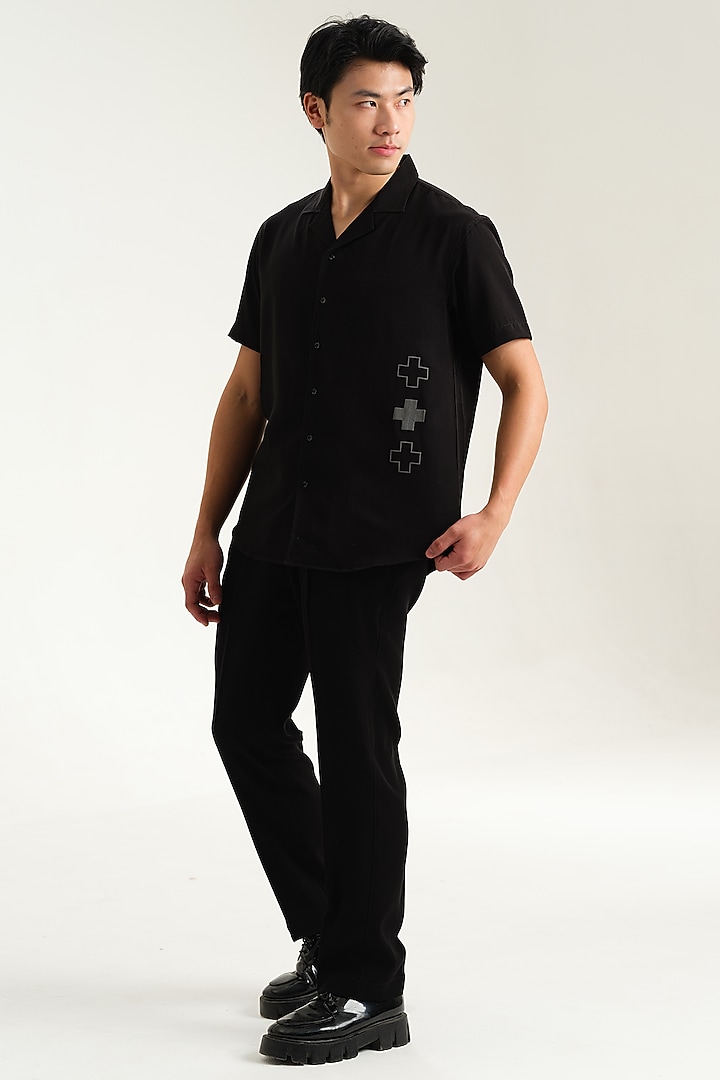 Black Japanese Rayon Embossed Printed Party Wear Shirt by Abees at Pernia's Pop Up Shop