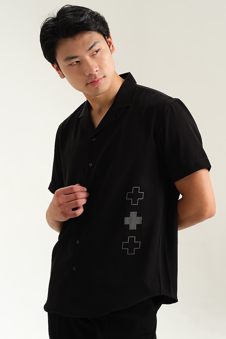 Black Japanese Rayon Embossed Printed Party Wear Shirt by Abees at Pernia's Pop Up Shop