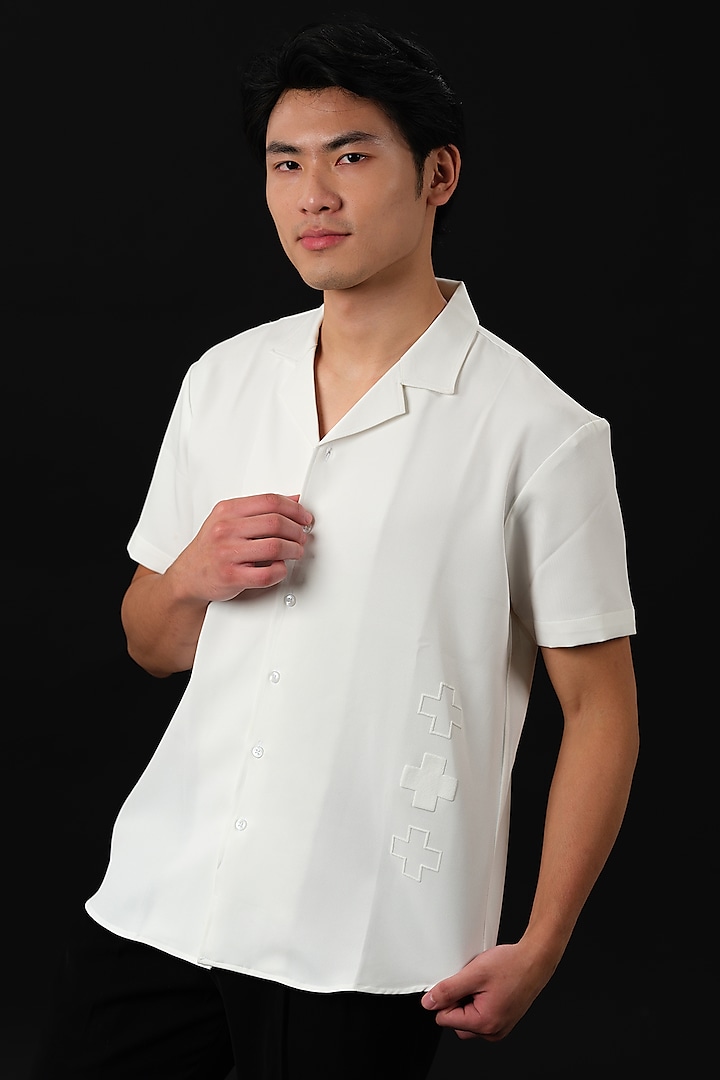 White Japanese Rayon Embossed Printed Shirt by Abees