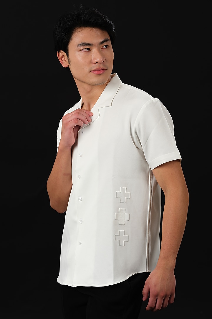 White Japanese Rayon Embossed Printed Party Wear Shirt by Abees at Pernia's Pop Up Shop