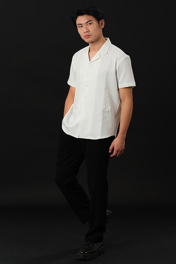White Japanese Rayon Embossed Printed Party Wear Shirt by Abees at Pernia's Pop Up Shop