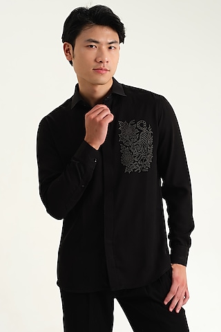 Black Japanese Rayon Embossed Tiger Printed Shirt by Abees