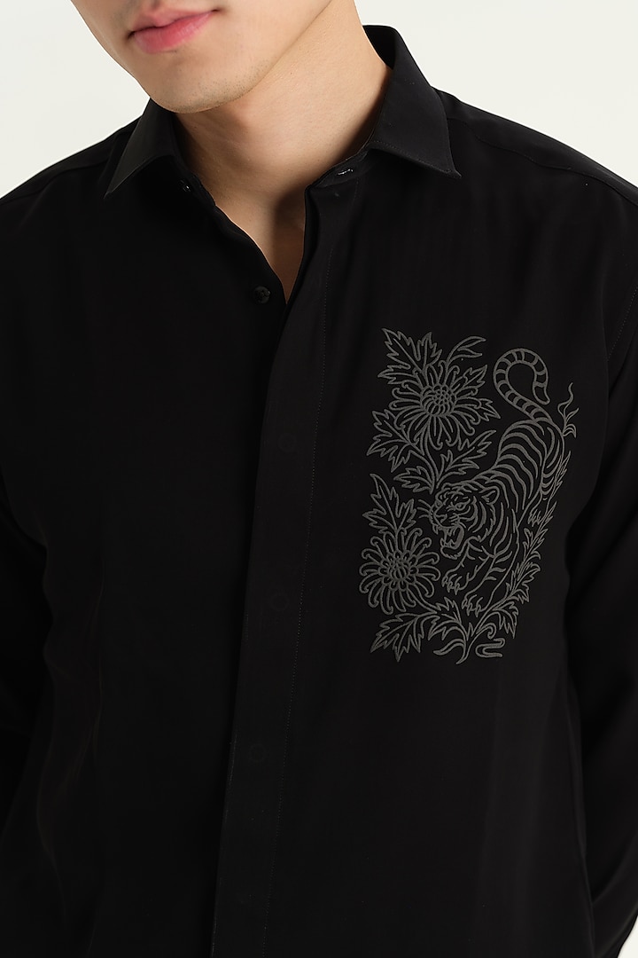 Black Japanese Rayon Embossed Tiger Printed Party Wear Shirt by Abees at Pernia's Pop Up Shop