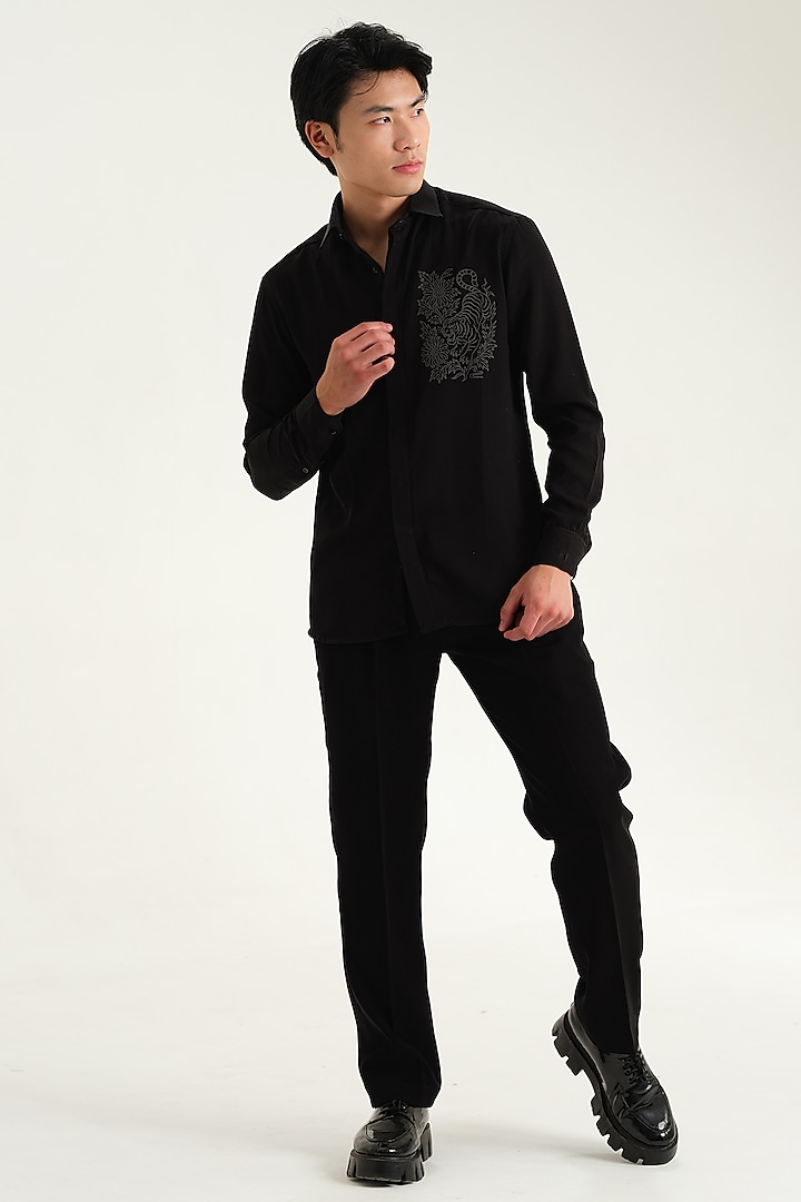 Black Japanese Rayon Embossed Tiger Printed Party Wear Shirt by Abees at Pernia's Pop Up Shop