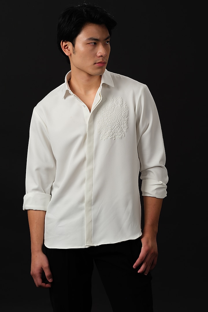 White Japanese Rayon Embossed Tiger Printed Shirt by Abees