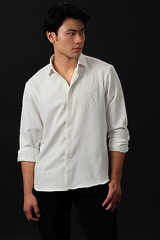 White Japanese Rayon Embossed Tiger Printed Shirt by Abees