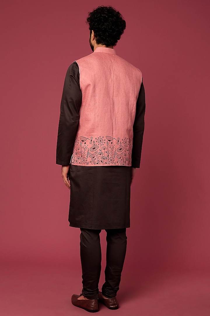 Onion Pink Linen Block Printed Bundi Jacket Set by Abees at Pernia's Pop Up Shop