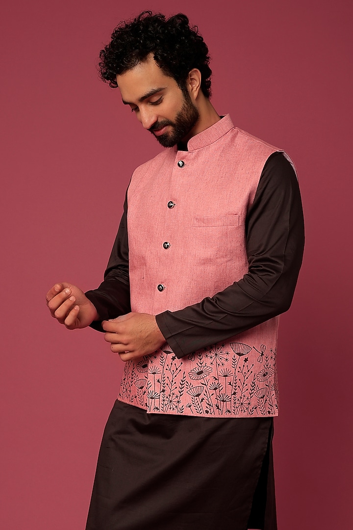 Onion Pink Linen Block Printed Bundi Jacket Set by Abees at Pernia's Pop Up Shop