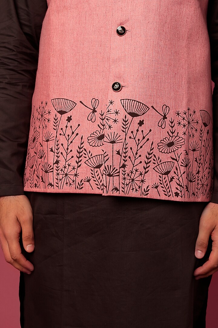 Onion Pink Linen Block Printed Bundi Jacket Set by Abees at Pernia's Pop Up Shop