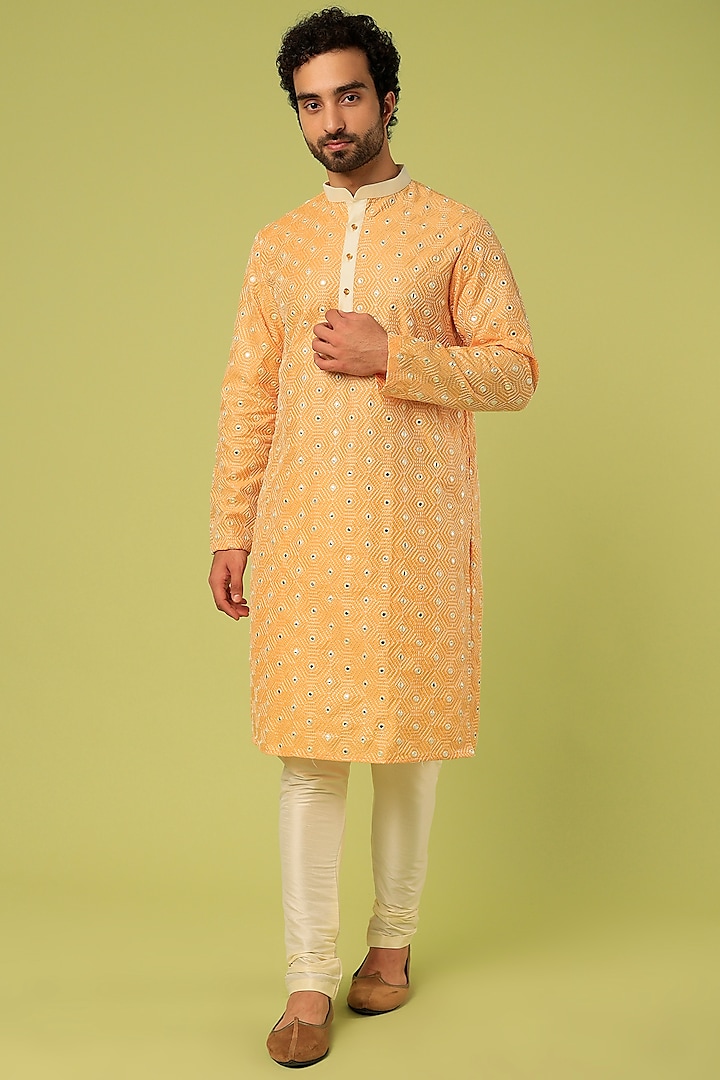 Orange-Mustard Embroidered Kurta Set by Abees