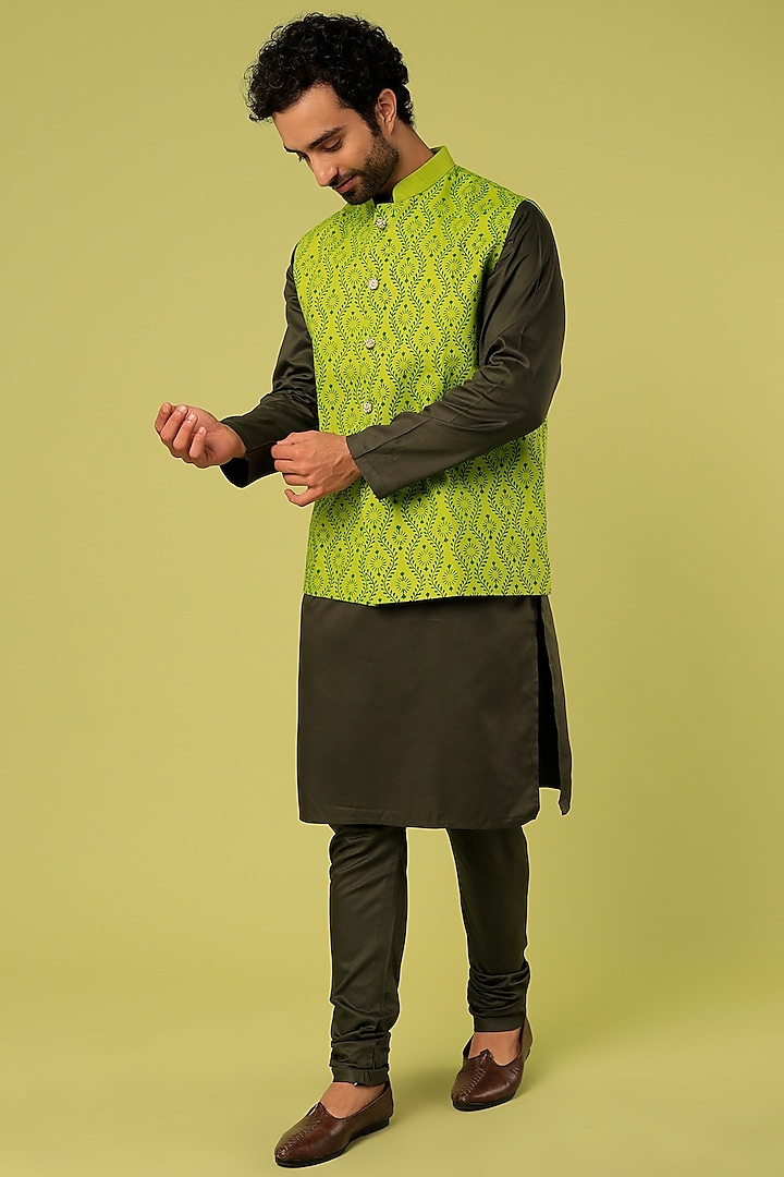 Parrot Green Bundi Jacket With Kurta Set by Abees